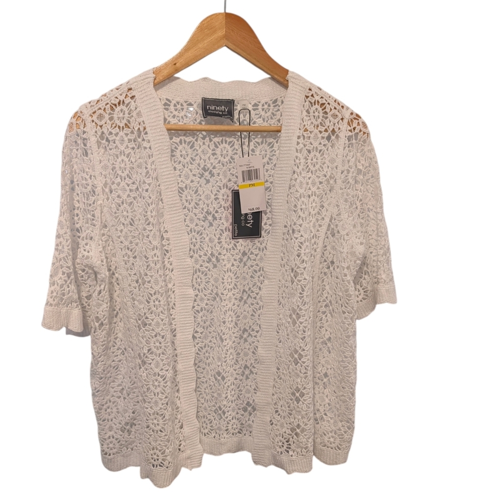 Ninety Clothing Co White Openwork Short-Sleeve Cardigan Size Petite Medium